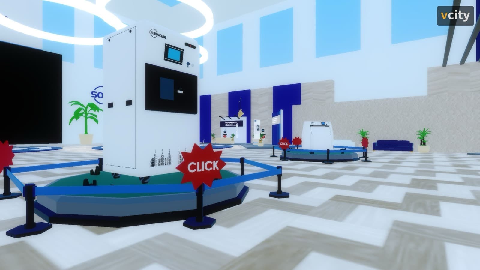 Products you can walk up to — Machines and catalogs placed in the room, each one clickable for the full detail.